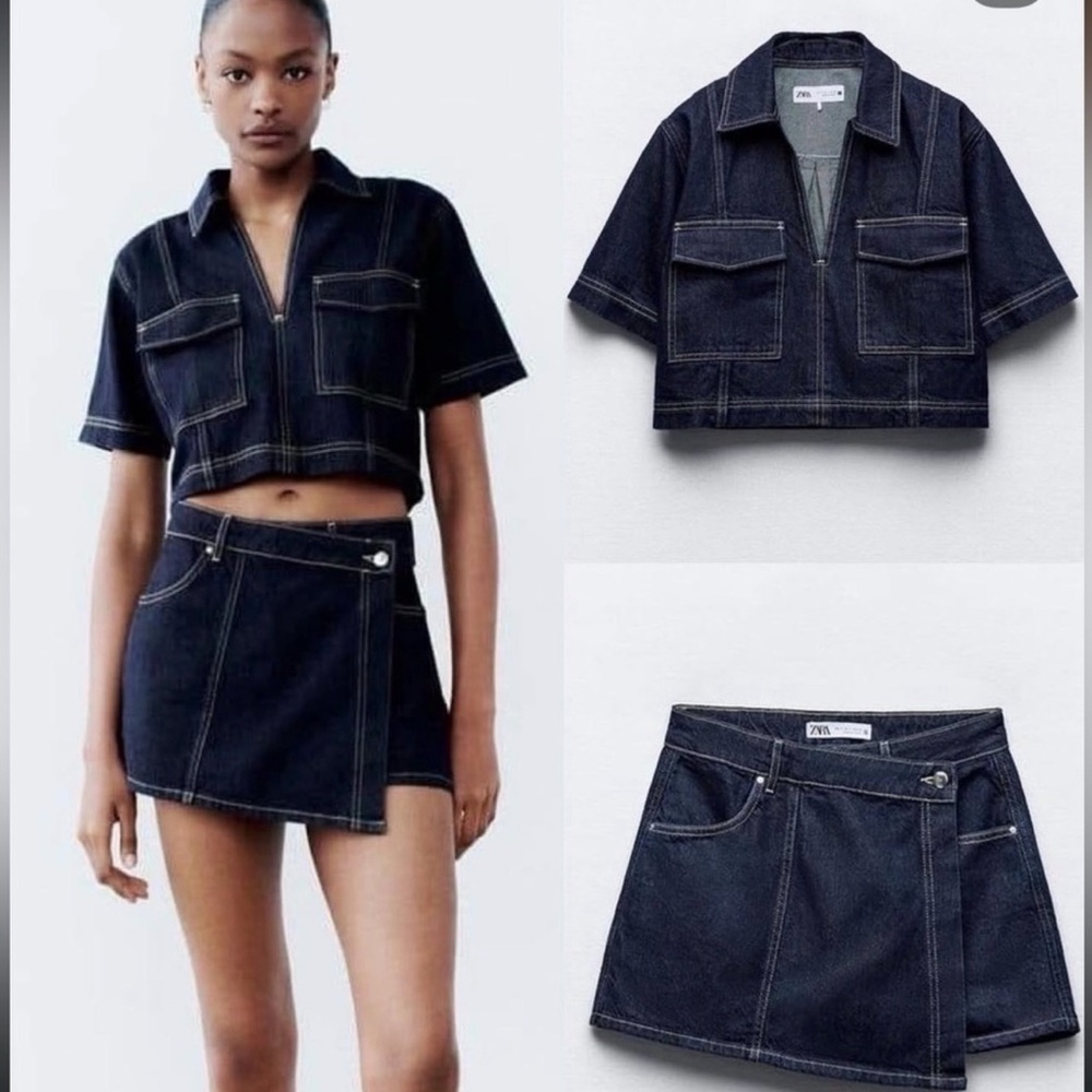 Zara  Blue Denim Crop Jacket and Skirt Set